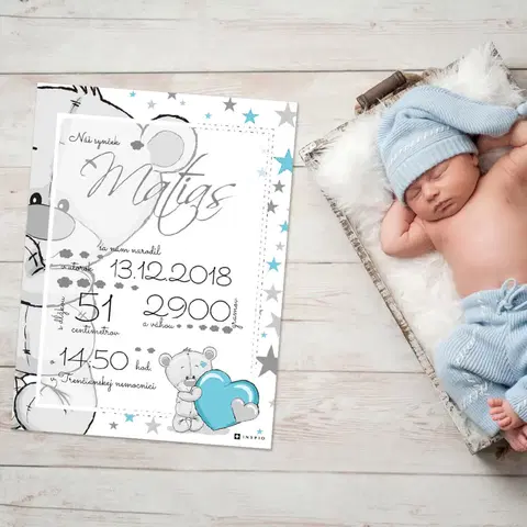Obrazy do detskej izby Darčeky - Tabuľka o narodení dieťatka s mackom - odosielame do 24 hodín