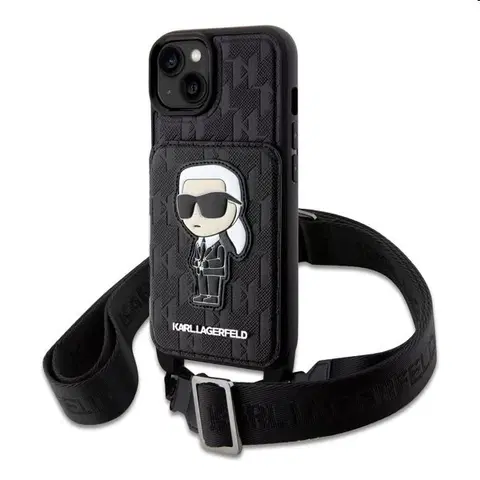Puzdrá na mobilné telefóny Puzdro Zadný kryt Karl Lagerfeld Saffiano Monogram Crossbody Ikonik NFT s popruhom pre Apple iPhone 14, čierna 57983116318