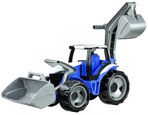 Hračky - dopravné stroje a traktory LENA - Traktor s lyžicou a bagrom, modro sivý