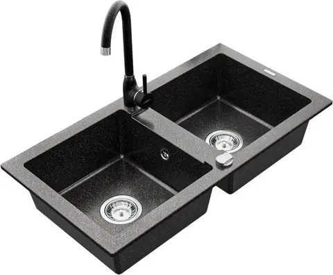 Kuchynské drezy MEXEN/S MEXEN/S - Mario granitový drez 2-bowl vrátane batérie Telma, čierna kropenatý 6504-76-670200-76