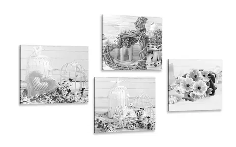 Zostavy obrazov Set obrazov čiernobiele lucerničky s kyticou