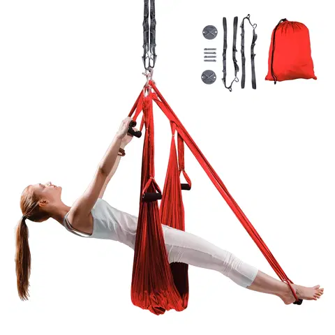 Ostatné fitness náradie Popruhy na aero jogu inSPORTline Hemmok červené s držiakmi a lanami