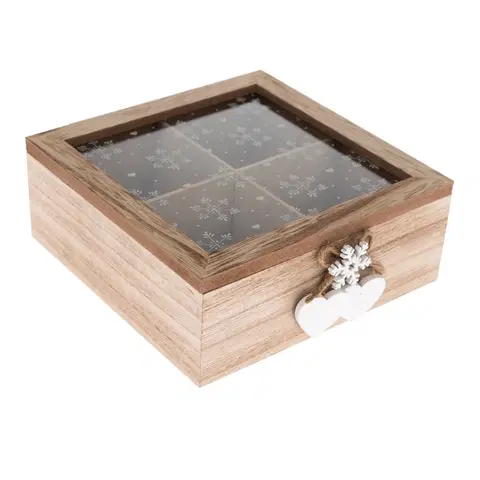 Príslušenstvo pre prípravu čaju a kávy Drevený box so 4 priehradkami Snowflake, 18 x 18 x 7 cm 