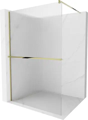 Sprchové dvere MEXEN/S - Kioto+ Sprchová zástena WALK-IN s poličkou a držiakom uterákov 80 x 200, prúžky 8 mm, zlatá 800-080-121-50-09