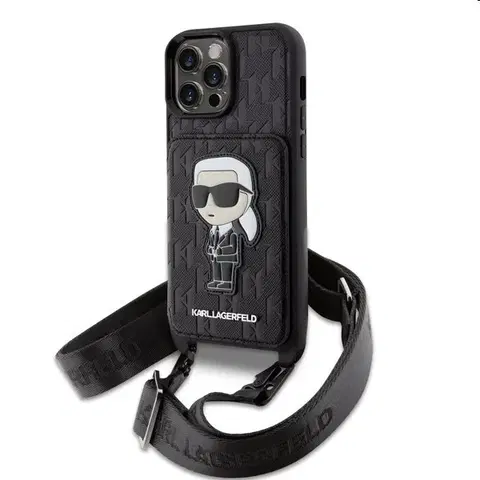 Puzdrá na mobilné telefóny Zadný kryt Karl Lagerfeld Saffiano Monogram Crossbody Ikonik NFT s popruhom pre iPhone 14 Pro, čierna 57983116319