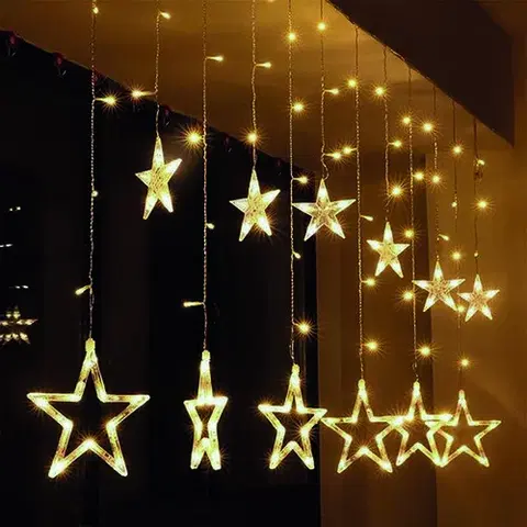 Vianočné dekorácie Solight LED vonkajší vianočný záves Hviezdy, šírka 3 m, 123 LED, IPP44, 3x AA, teplá biela