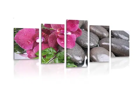 Obrazy Feng Shui 5-dielny obraz kvitnúca orchidea a wellness kamene