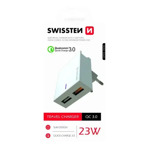 Nabíjačky pre mobilné telefóny Rýchlonabíjačka Swissten Qualcomm Charger 3.0 s 2 USB konektormi, 23 W, biela 22049600