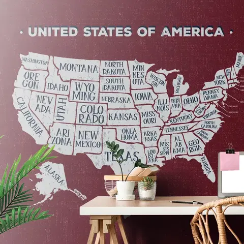 Samolepiace tapety Samolepiaca tapeta náučná mapa USA s bordovým pozadím