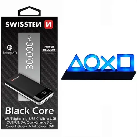 Powerbanky Swissten čierna Core Slim powerbanka 30000 mAh a Playstation 5 Icons Light USB 