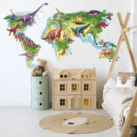 Nálepky na stenu Nálepka na stenu pre chlapcov - Mapa sveta Dinosaury