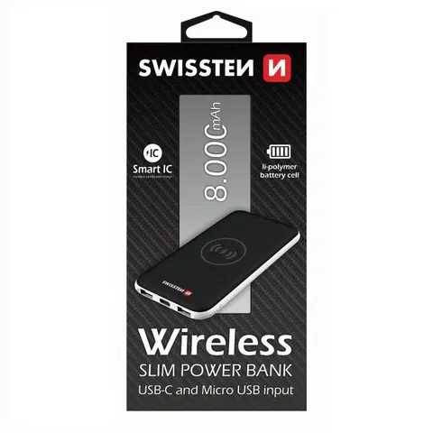 Powerbanky Powerbank Swissten Slim 8000 mAh s bezdrôtovým nabíjaním a USB-C vstupom, čierny 22013926
