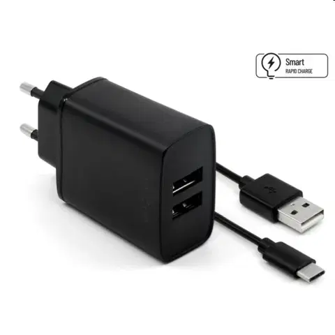 Nabíjačky pre mobilné telefóny FIXED Sieťová nabíjačka Smart Rapid Charge s 2 x USB, 15 W a kábel USB/USB-C 1m, čierna FIXC15-2UC-BK