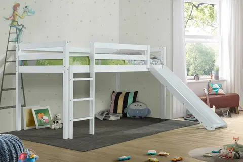 Poschodové postele Vyvýšená detská posteľ so šmýkačkou SLIDE 90, biela