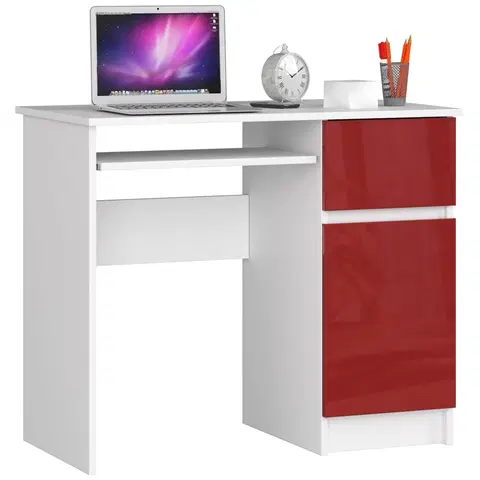 Písacie stoly Dizajnový písací stôl PIXEL90P, biely / červený lesk