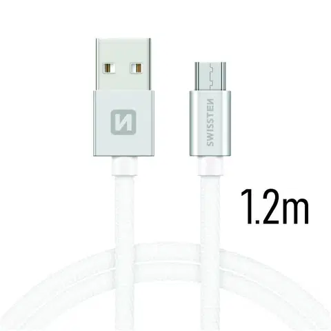USB káble Dátový kábel Swissten textilný s Micro-USB konektorom a podporou rýchlonabíjania, strieborný 71522203