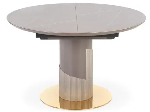 Jedálenské stoly HALMAR Muscat okrúhly rozkladací jedálenský stôl sivý mramor / svetlosivá / zlatá