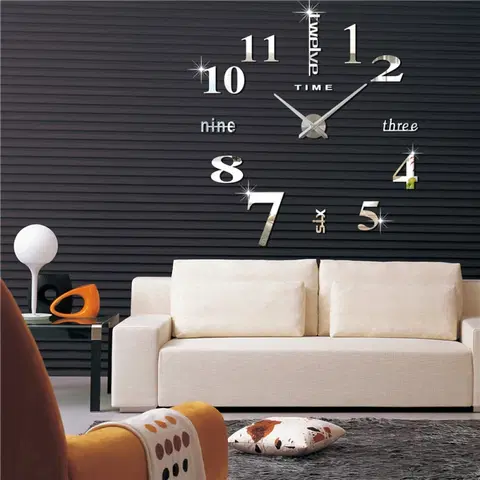 Hodiny 3D Nalepovacie hodiny DIY Clock Twelve Time, strieborná 90-130cm