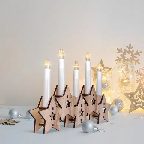 Vianočné dekorácie Solight Drevený svietnik Hviezdy s 5 LED sviecami, teplá biela