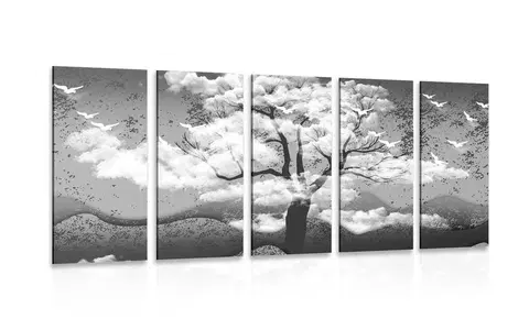 Čiernobiele obrazy 5-dielny obraz čiernobiely strom zaliaty oblakmi