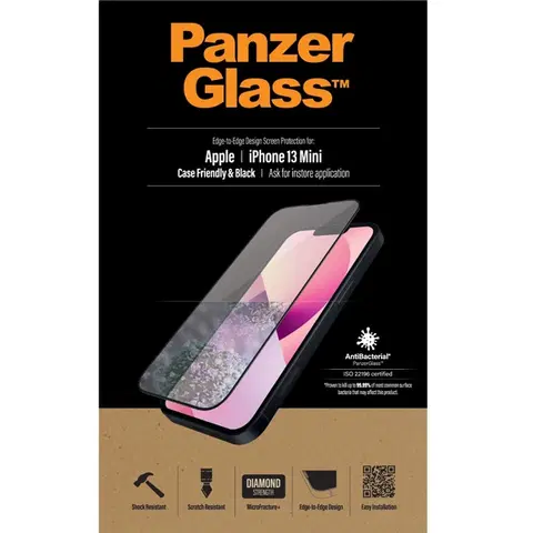 Tvrdené sklá pre mobilné telefóny Ochranné temperované sklo PanzerGlass Case Friendly pre Apple iPhone 13 Mini, čierne PRO2744