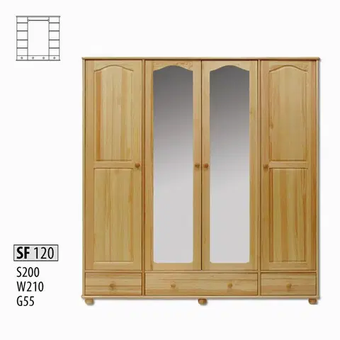 Šatníkové skrine SF120 Šatná skriňa 4-dverová so zrkadlom, borovica