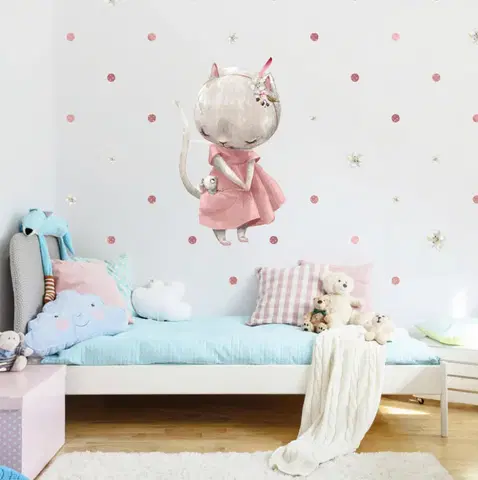 Nálepky na stenu Samolepka na stenu - Romantická tapeta mačičky s malou myškou a bodkami