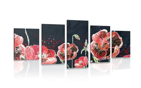 Obrazy kvetov 5-dielny obraz červené maky na čiernom pozadí