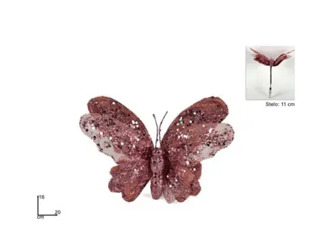 Vianočné dekorácie MAKRO - Motýl vianočný na štipci ružový 16cm