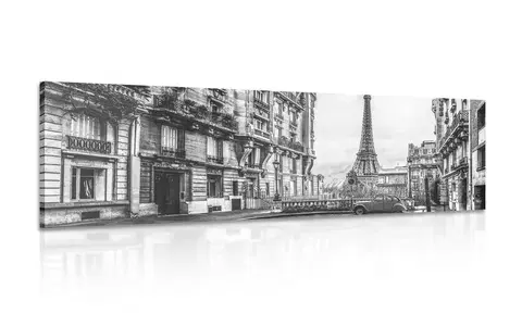 Čiernobiele obrazy Obraz pohľad na Eiffelovu vežu z ulice Paríža v čiernobielom prevedení