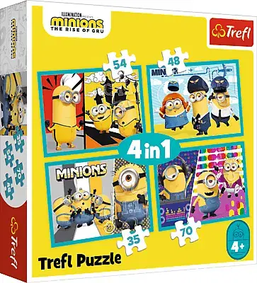 Hračky puzzle TREFL - Puzzle 4v1 - Šťastný svet Mimoňov / Mimoni: Zloduch prichádza