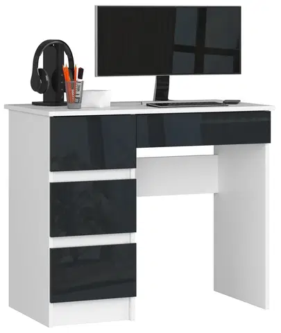 Písacie stoly Dizajnový písací stôl ZEUS90L, biely / grafitový lesk