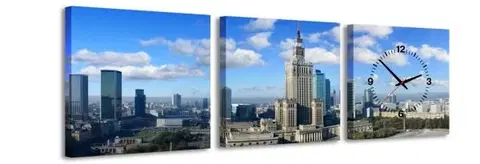 Hodiny 3-dielny obraz s hodinami, Varšava panoráma, 35x105cm