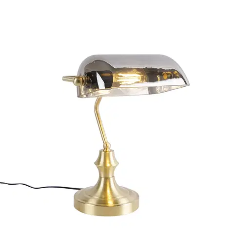 Stolove lampy Klasická notárska lampa zlatá s dymovým zrkadlovým sklom - Banker